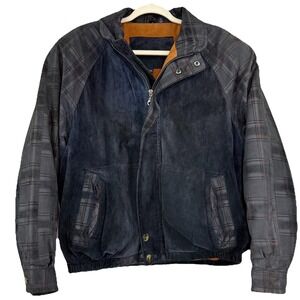 Men's Vintage Leather Bomber Jacket Blue Plaid Insulated True Breed Coat Large